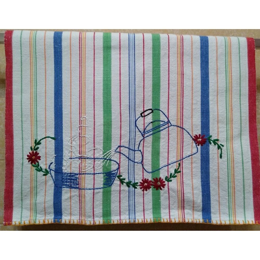 Vtg Embroidered Cotton Tea Towel Striped Blue Red Green Teapot 24 x 16"